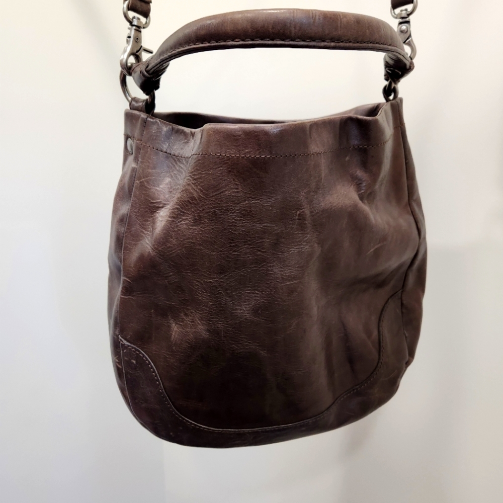 Frye Melissa Leather Hobo Handbag, Brown Leather, with cross-body strap.